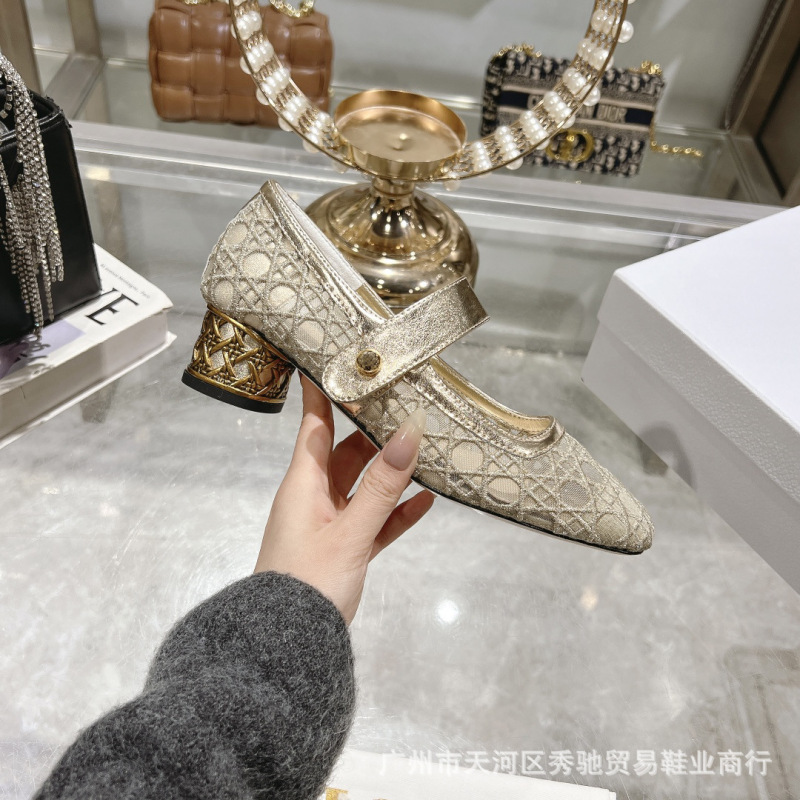 ハイバージョン 2025D 新しいジャカード刺繍シリンダーヒールバレエシューズスクエアトゥローヒールメリージェーンレースシューズ|undefined