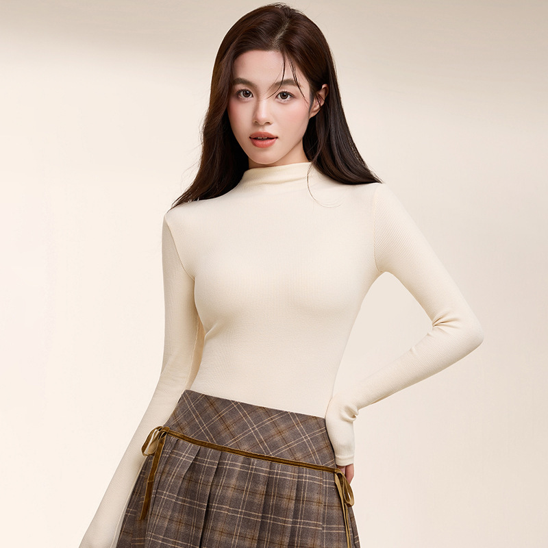 半高领纯棉螺纹长袖内搭打底衫女秋冬季修身弹力大码保暖T恤上衣|undefined