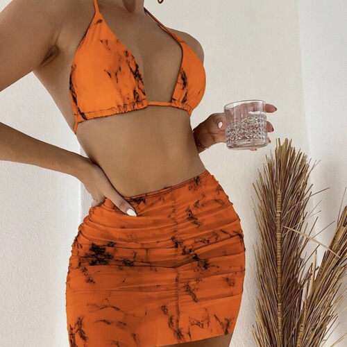  European and American new marble printed mesh three-piece short skirt swimsuit bikini bikini cross-border