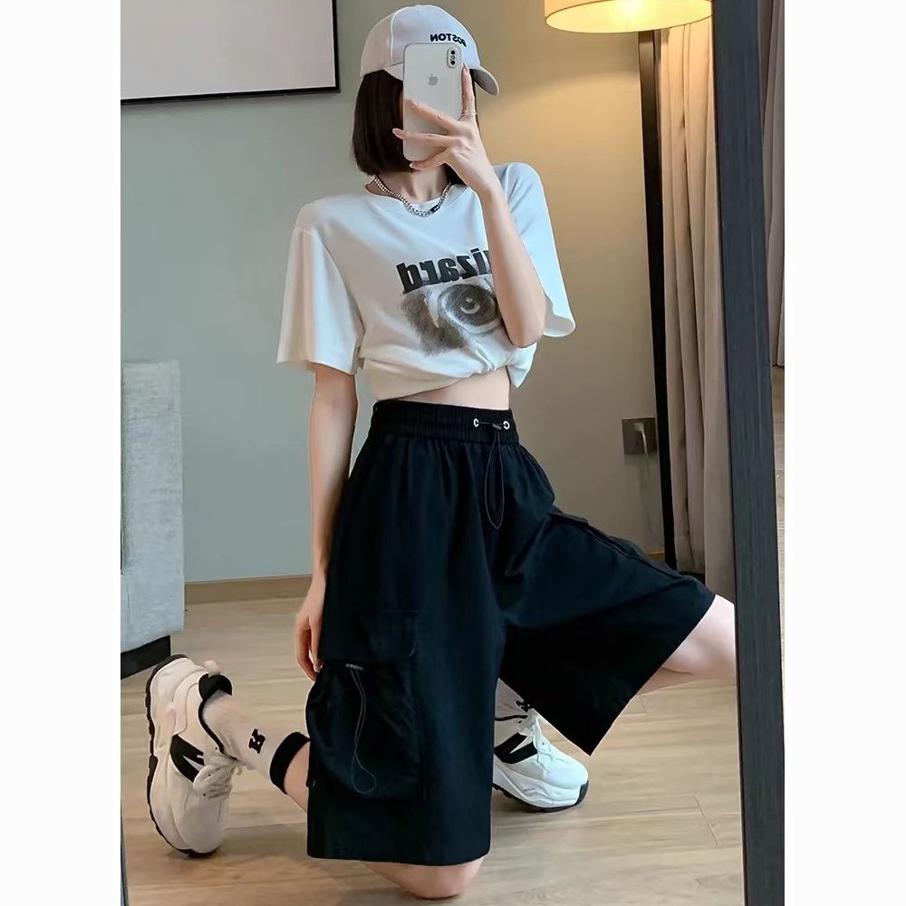 夏季多巴胺韩版ins潮流工装裤胖mm宽松显瘦小个子高腰休闲五分裤