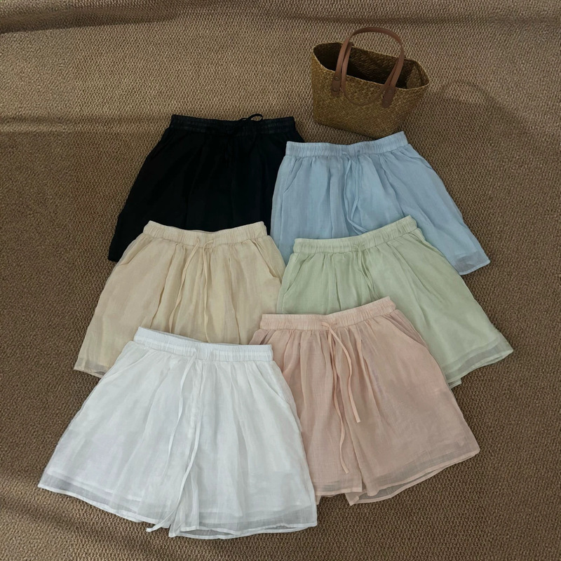 2026 Summer Korean Style Loose Simple Ramie Solid Color Elastic Waist Double Layer Shorts Versatile Comfortable Casual Pants for Women