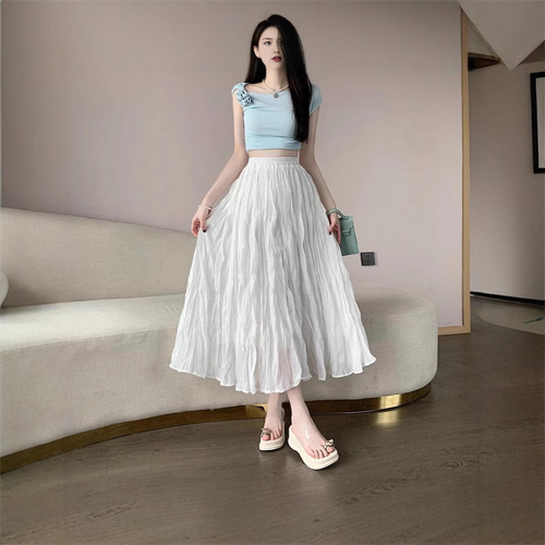 Cross-border white elastic waist A-line women's summer 2025 new high-waist casual temperament long dress trendy