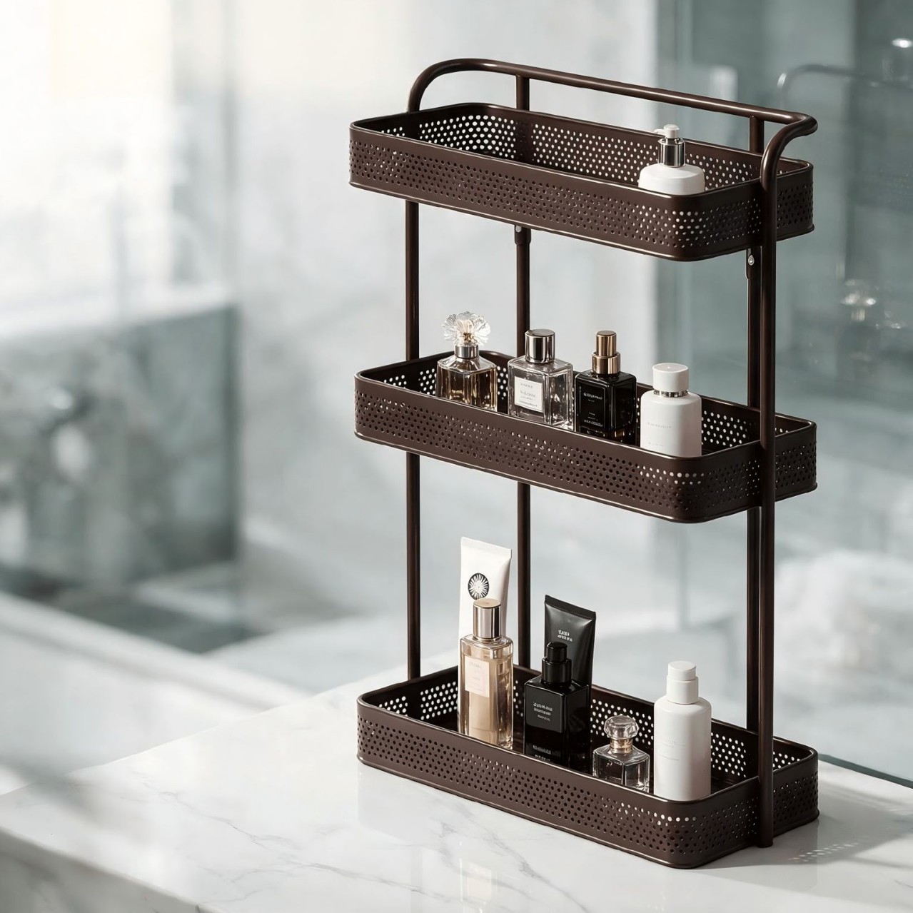 Wrought Iron Three-Layer Wall-Mounted Perforated Bathroom Shower Storage Rack with Hollow Drainage Design, Wholesale from Manufacturer