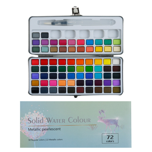 Cross-border hot selling 50/72/90/100 colors portable solid watercolor set metallic pearlescent art painting pigments