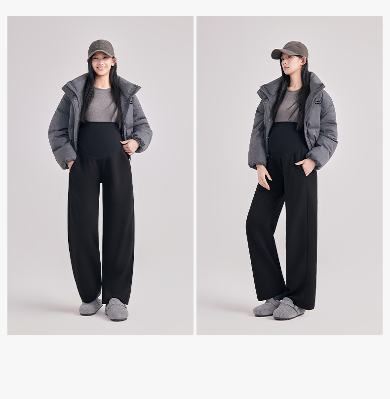 Umstandshosen für Herbst und Winter, hoch geschnitten, mit weitem Bein, gerade geschnitten, dick und warm, für schwangere Frauen, Freizeit-Hosen. – Detail 14