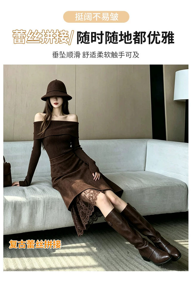 Chân váy nữ dáng chữ A eo cao lưng cao phong cách thanh lịch, chất liệu da hươu mềm mịn, thiết kế bất đối xứng, dáng trung dài — Màu cà phê đậm, màu kaki, đen chi tiết 7