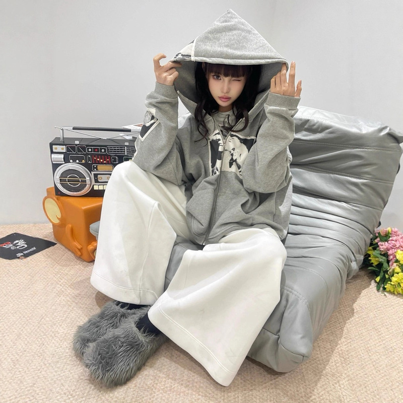 Cross-Border Fashion American Trendy Brand 2025 Autum New Patch Punk Sweatshirt Hooded Jacket Men's and Women's Cardigan Jacket