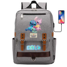 日漫卡通史迪奇印花青少年学生书包男女休闲皮带扣USB双肩背包