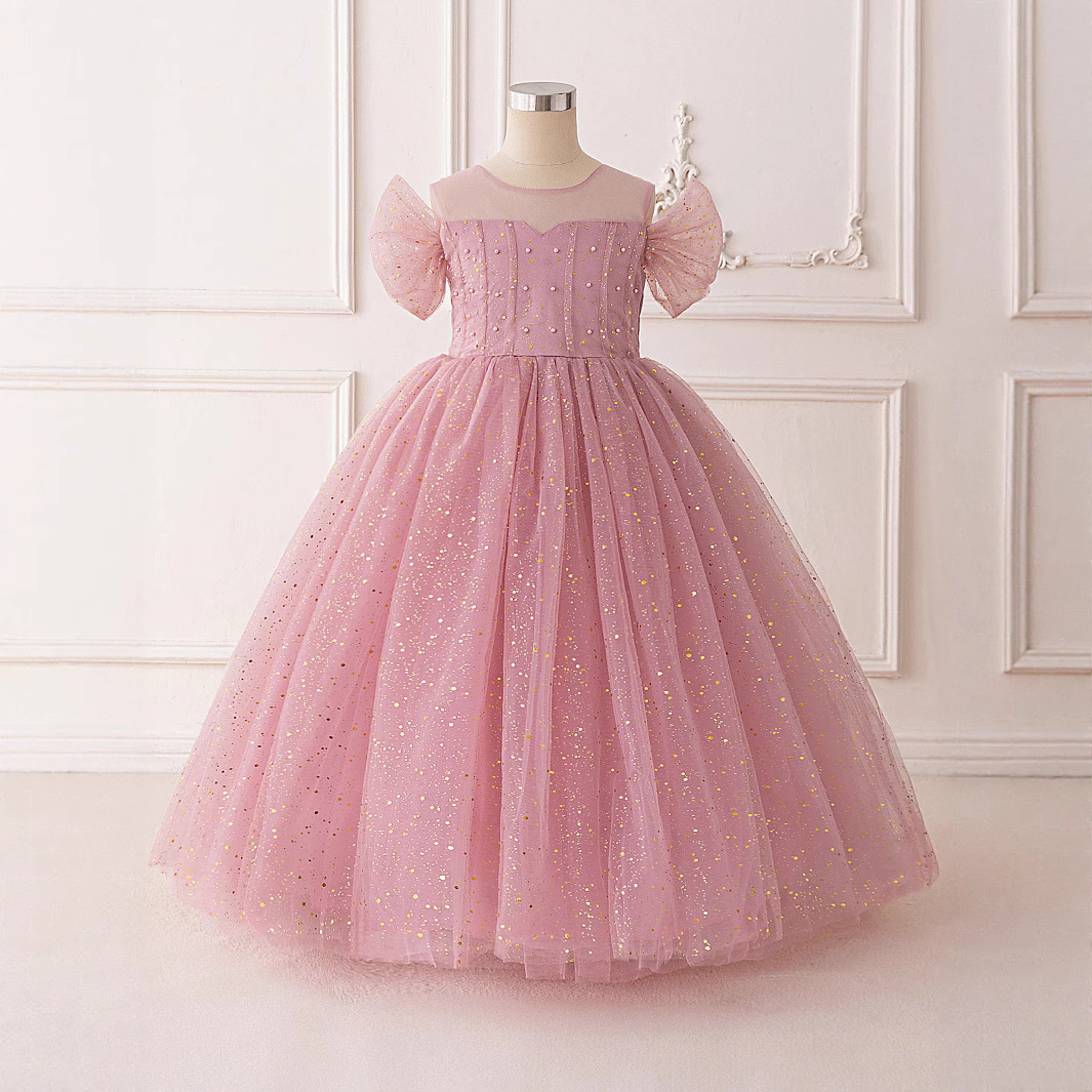 Comercio exterior transfronterizo Vestido para niños Vestido de princesa Lentejuelas Mangas abullonadas Tela forjada Chica de las flores Vestido de fiesta para niña Vestido de noche