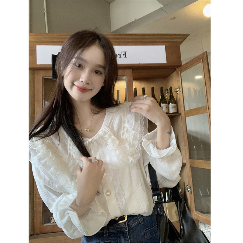 French milk lace gentle sweet long-sleeved shirt autumn women's unique chic bottoming shirt top