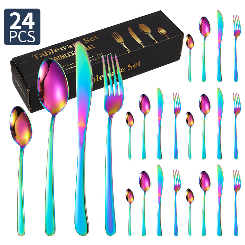 Spoon Juego de vajilla de acero inoxidable transfronterizo al por mayor de 24 piezas para el hogar elegante comida occidental Cuchillo, tenedor, cuchara, necesidades diarias