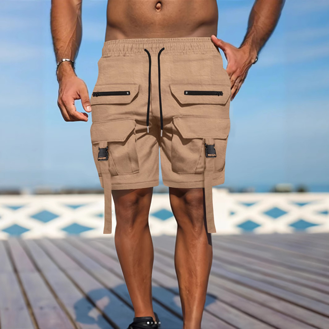 European and American Cross-Border Amazon Independent Station Fashion Men's Beach Cargo Pants Linen Shorts Casual Multi-Pocket Drawstring