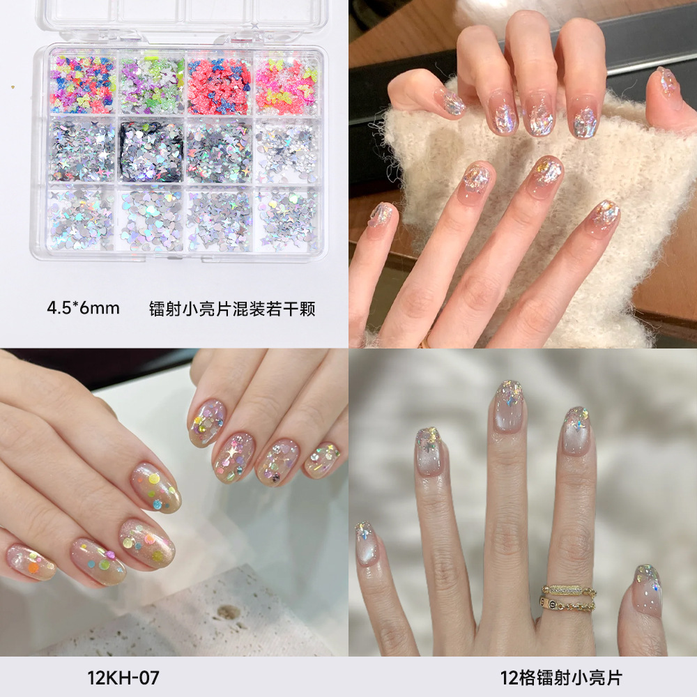12 piezas de joyería de diamantes de manicura plana de fondo plano intermitente checo de diamantes de formas especiales joyería de mariposa de lentejuelas de uñas de perlas de todo fósforo