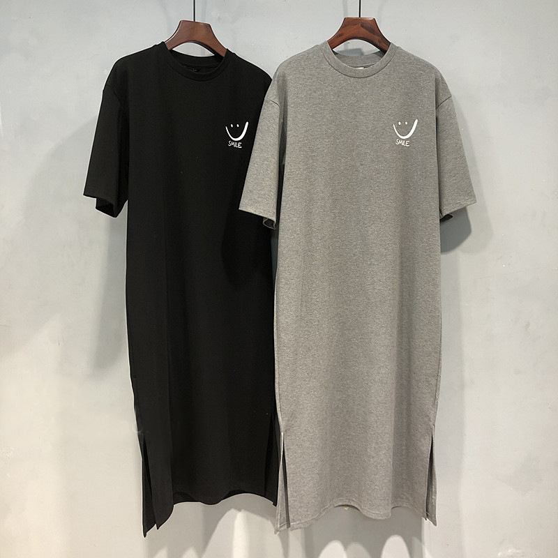 Pure Cotton Short-Sleeved T-Shirt for Women Summer 2026 New Korean Style Ins Trendy Smiley Face Slit Loose Long Dress Pure Cotton Short-Sleeved T-Shirt for Women Summer 2026 New Korean Style Ins Trendy Smiley Face Slit Loose Long Dress