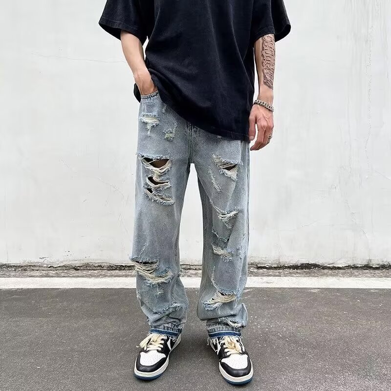 Summer Thin Ripped Jeans Men's 2024 New Arrival Straight Pants Men's Loose All-match High-looking Wide-leg Pants