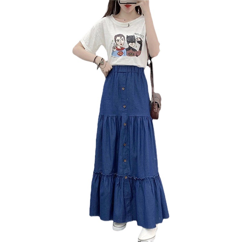 2022 spring and summer new Denim high waist all-match long skirt retro simple A- line elastic waist loose skirt