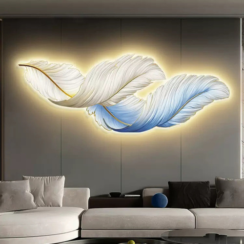 Feather living room decorative painting sofa background wall hanging painting high-end LED light bedroom bedside wall art entranceway light painting