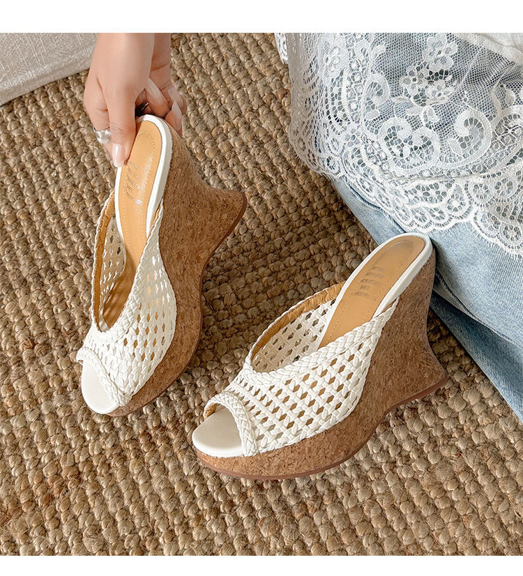 Sandal cao gót nữ đế xuồng mũi hở quai ngang bện đan — màu nâu, màu đen, màu trắng ngà chi tiết 12