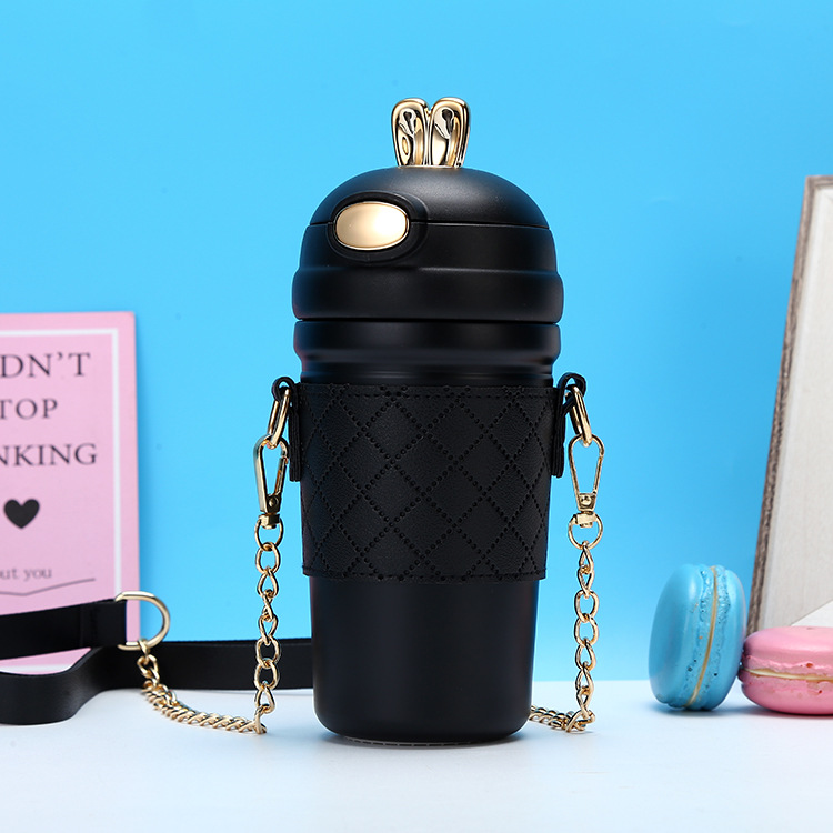 Moda lindo conejo rebote paja taza 304 Acero inoxidable taza de vacío de las mujeres portátil crossbody conejo taza de agua al por mayor