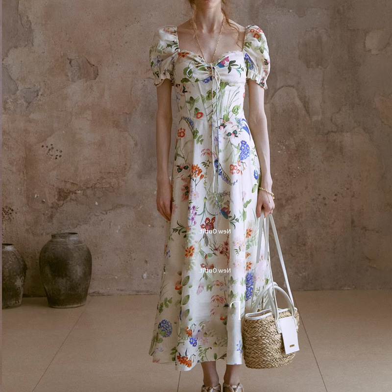 In Stock P.T Linen French-Style Fishbone Dress Printed Silk Satin Texture Dress 2026 Summer New Model