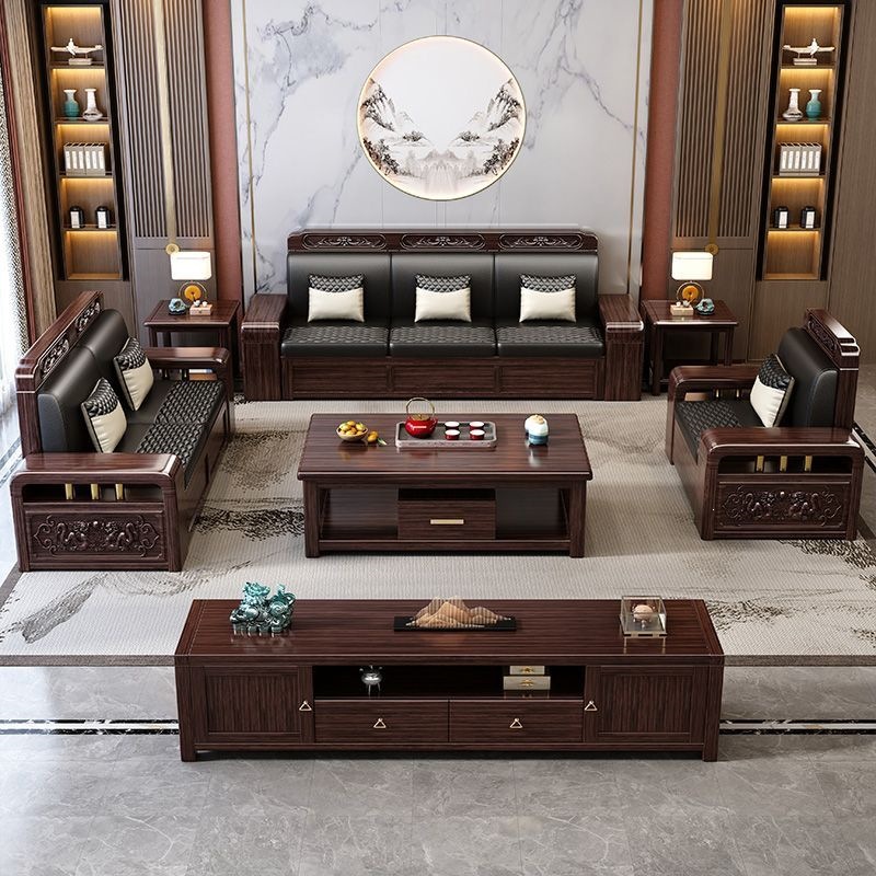Purple gold sandalwood solid wood sofa set for home living room, suitable for both winter and summer, with carved storage furniture and chaise lounge, available in large, medium, and small sizes