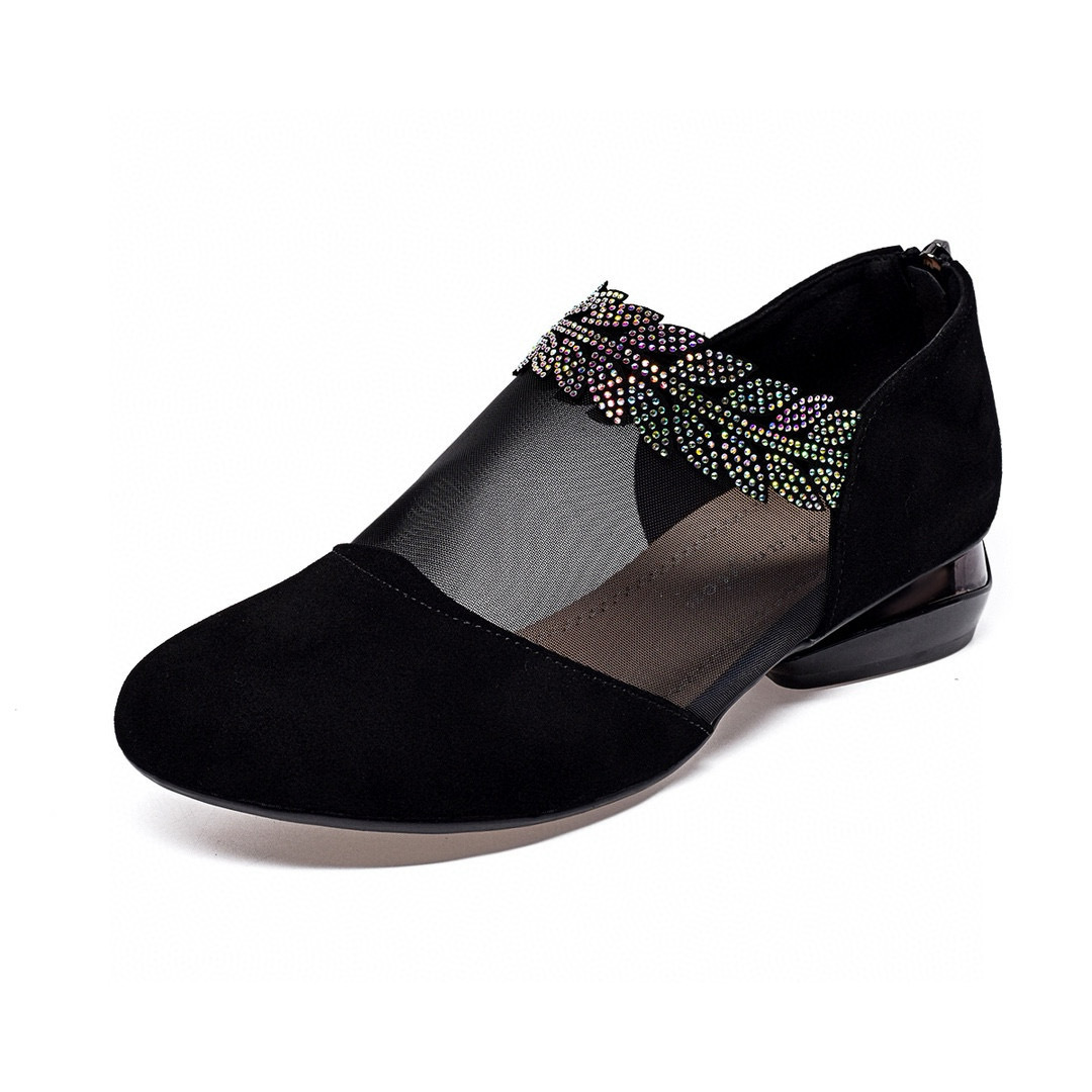 Sandal da lộn khoét lỗ mũi tròn gót vuông thấp đế mềm — đen