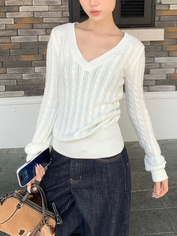 Archium 复古V领麻花条纹慵懒感毛衣女秋宽松情侣针织衣潮|undefined