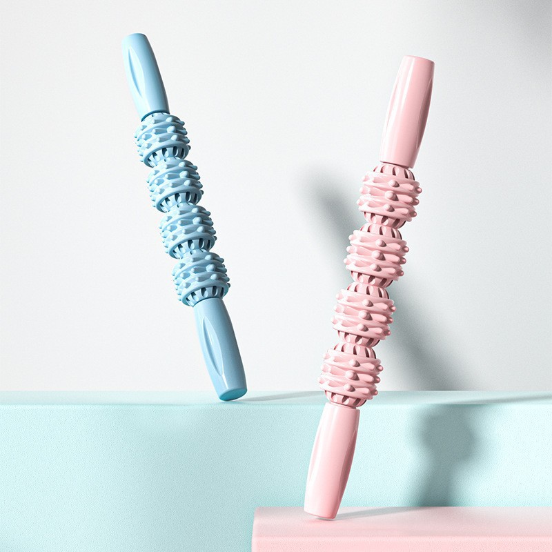 Four-wheel spiky massage stick for muscle relaxation, roller for meridian unblocking, fitness spiky stick, yoga auxiliary equipment