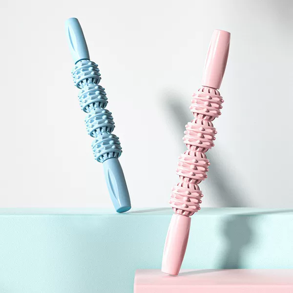 Four-wheel spiky massage stick for muscle relaxation, roller for meridian unblocking, fitness spiky stick, yoga auxiliary equipment