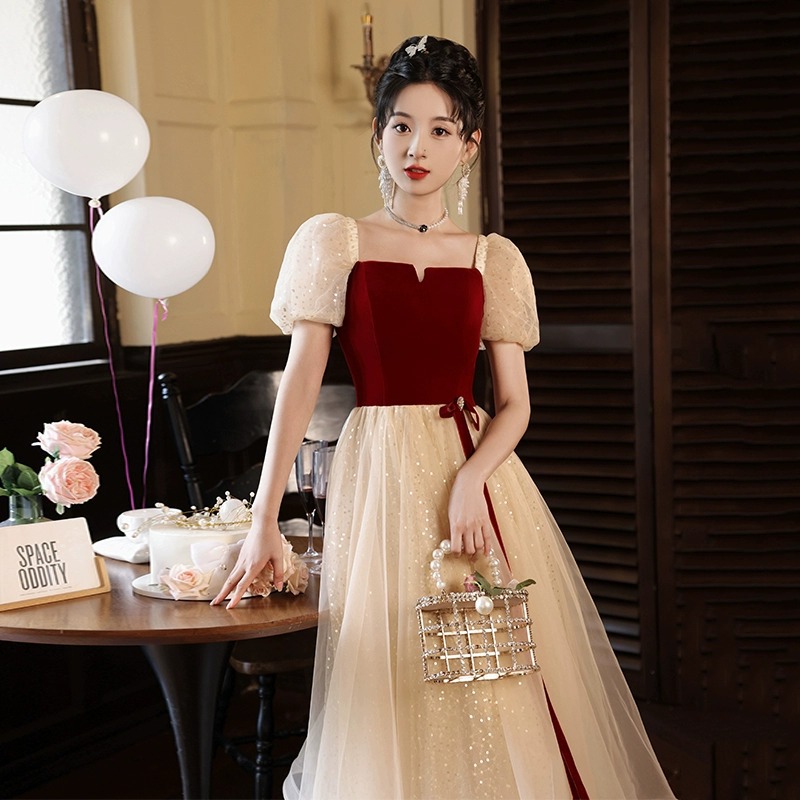 Bridal Toast Dress 2025 New Style Petite French Engagement Dress High-End Red Banquet Evening Dress