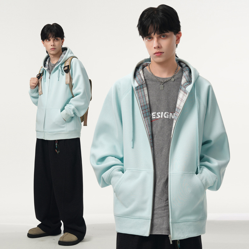 420 g schwerer, geblümter grauer Partner-Hoodie für Damen und Herren, Oversize-Patchwork-Karojacke für den frühen Herbst_voghion.com