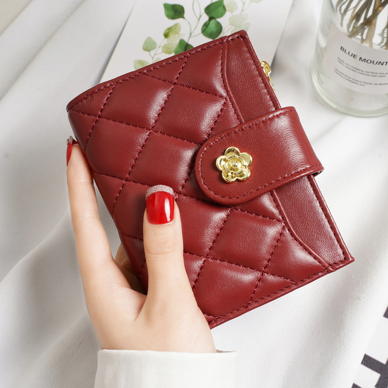 European and American Wallet Short Women's Fashionable Camellia Folding Wallet Multi-Card Soft Sheepskin Zipper Wallet