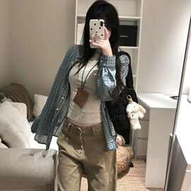 蓝色格子衬衫外套女夏季韩系慵懒宽松时尚百搭洋气衬衣防晒薄上衣
