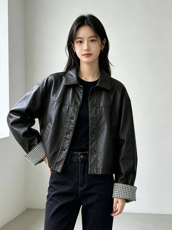 Áo khoác da PU nữ dáng ngắn cổ bẻ, phong cách Hàn Quốc, thời trang casual, dáng rộng, dễ phối đồ, retro, mùa thu — Màu nâu cà phê, màu đen chi tiết 11