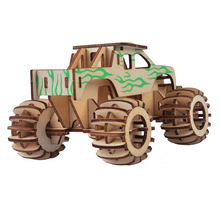 大脚车木质手工拼装汽车模型木制3d立体拼图儿童玩具批发地摊货源