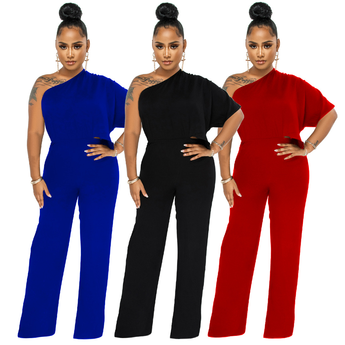 K10137 fábrica directa de pelo Amazon mujeres europeas y americanas color sólido cintura abierta un hombro pantalones casuales backless manga corta mono