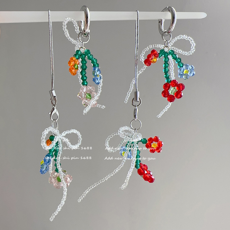 Colorful Beaded Flower Bow Mobile Phone Pendant Niche Ins Headset Girls' Shoes Bag Hanging Ornaments Hanging Chain Keychain
