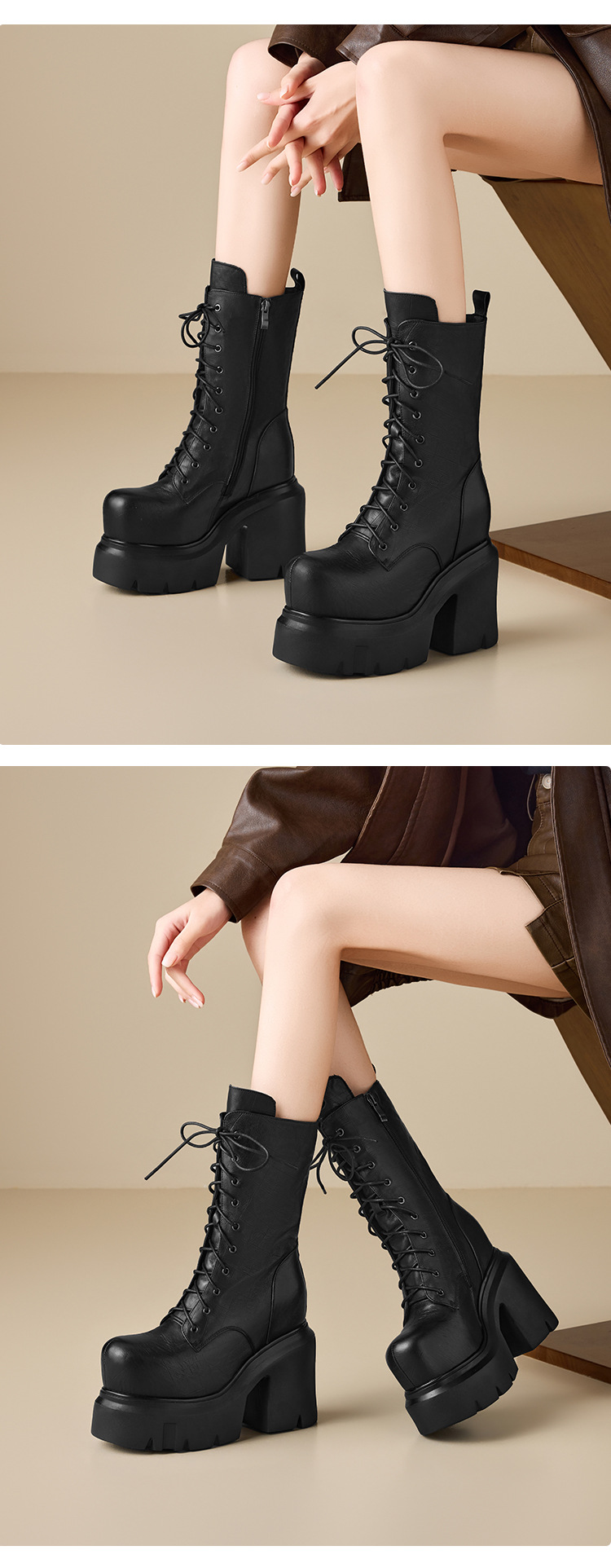 Boot nữ da mềm mũi tròn gót thô đế dày dây buộc cao 14 cm — Đen nhung chi tiết 5