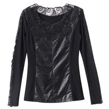 皮拼接网纱打底衫长袖内搭薄款恤女秋冬新款蕾丝小衫上衣