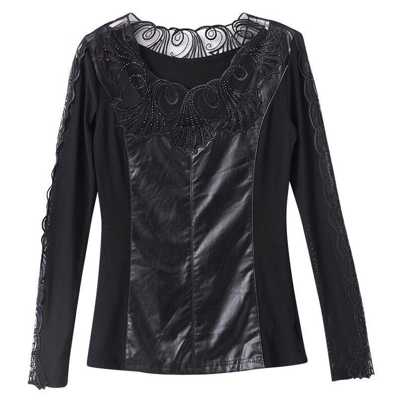 皮拼接网纱打底衫长袖内搭薄款恤女秋冬新款蕾丝小衫上衣