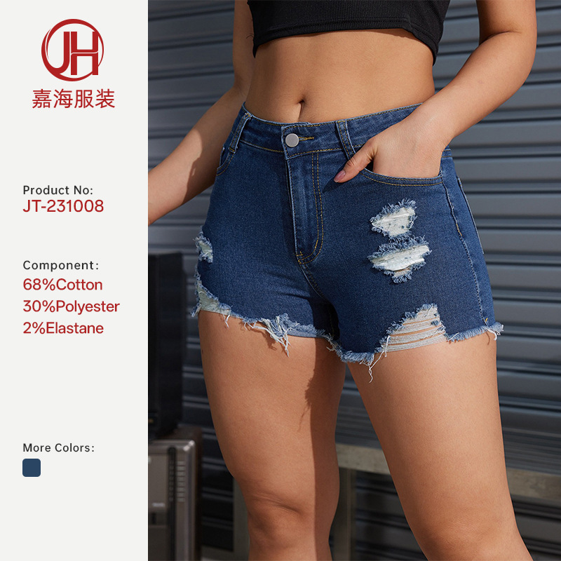 Order Payment for Cross-Border Aliexpress American-Style Denim Shorts for Women, Blue Ripped Shorts with Frayed Hem