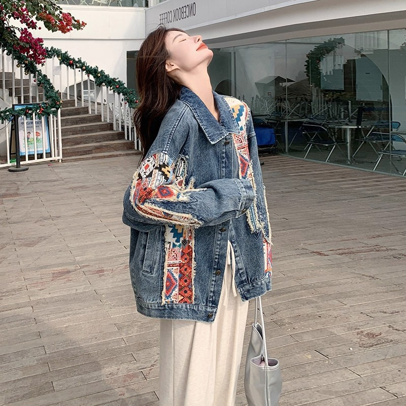 Vintage Printed Patchwork Denim Jacket for Women, Spring and Autumn 2025 New Style, Petite Influencer Street Style Slimming Short Jacket