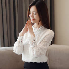 日韩女装春季新款蕾丝衫女长袖打底衫衫百搭立领雪纺衫