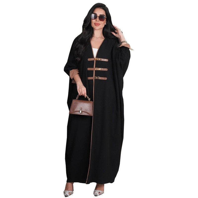 MQ090 Modest Fashion Cardigan With Leather Buttons Abaya Turkish Color-blocked Robe For Outerwear In Arabia_ecoleips.com