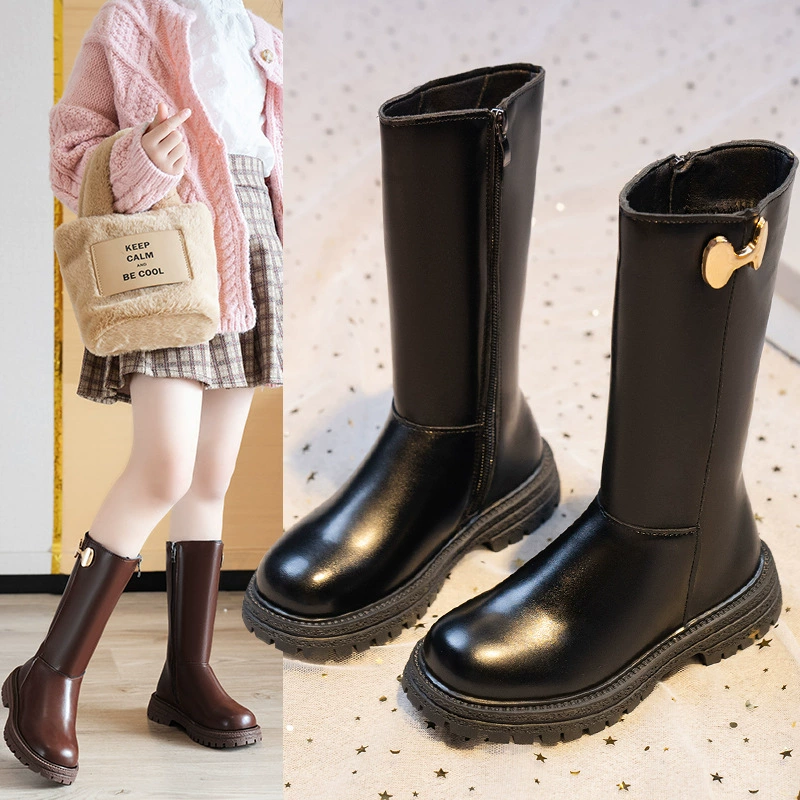 Однотонные одиночные сапоги для девочек, осень 2023, новые детские модные сапоги среднего и старшего возраста, милые сапоги с молнией сбоку с бабочкой