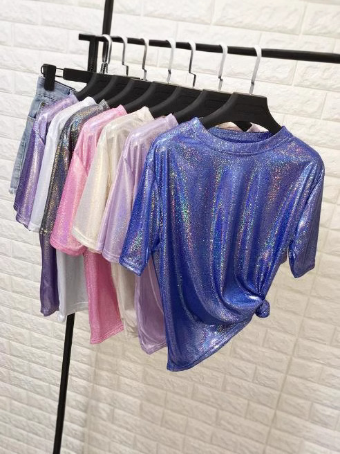 2024 foreign trade wish AliExpress ebay Amazon explosions loose T-shirt women's sparkling reflective short sleeve supply