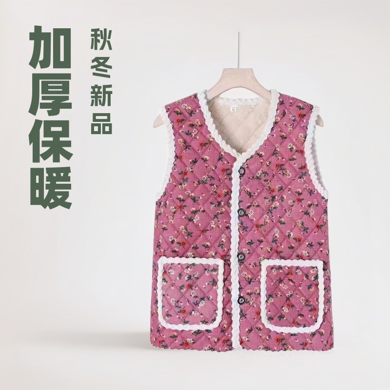 秋冬季中老年妈妈棉衣坎肩网红加绒加厚保暖马甲碎花女士保暖坎肩