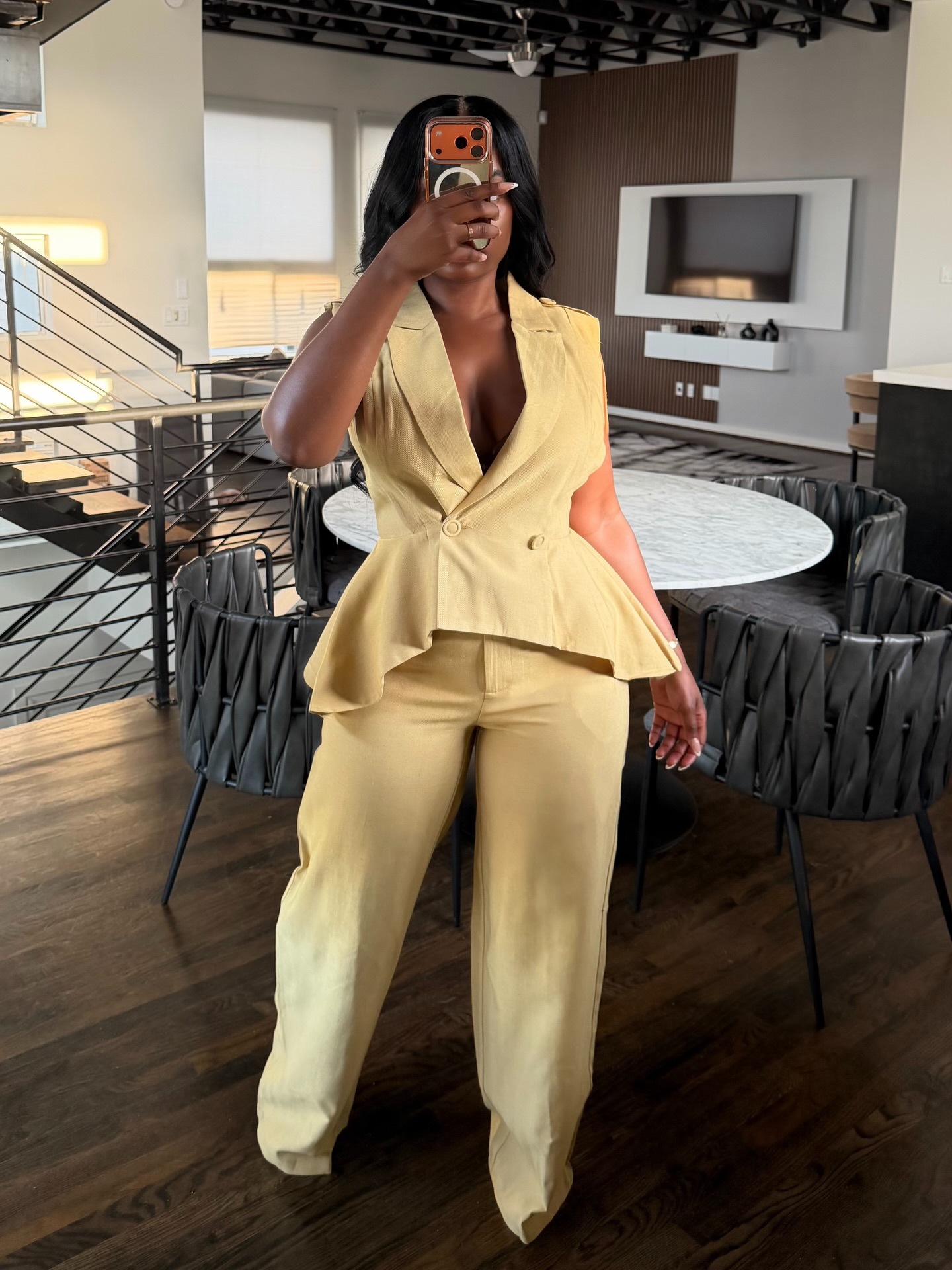 Women's Summer Fashion V Neck Button Up Ruffled Wide Leg Pants Set Solid Color American Style_ecoleips.com