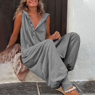 2025 European and American Clothing Ebay Amazon Buttoned Hooded Sleeveless Pants Jumpsuit Baggy Pants