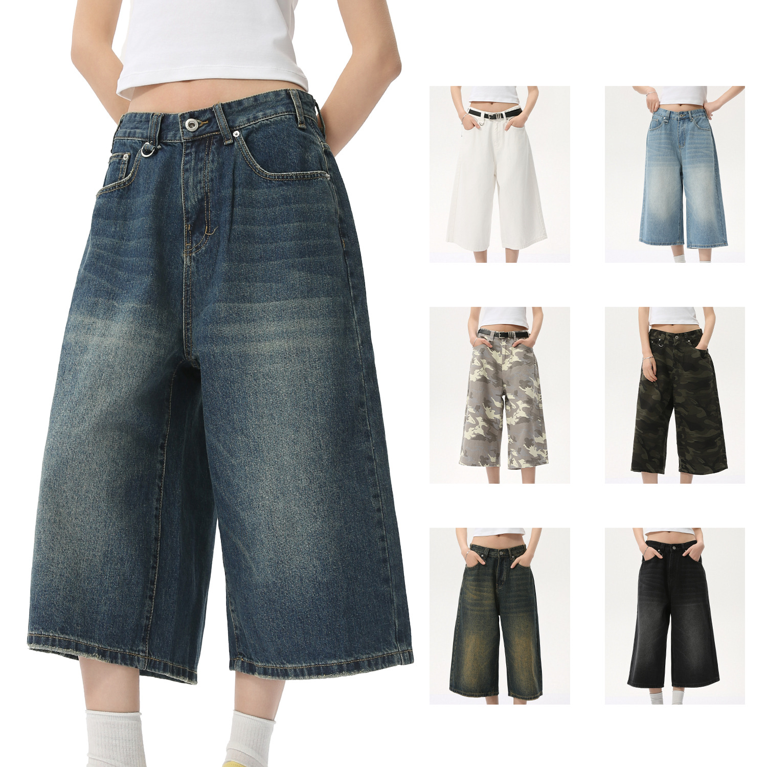 carmour牛仔|阔腿7分牛仔裤韩版宽松显瘦直筒水洗牛仔中裤男女裤